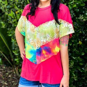 NWT Blumin Short Sleeve Pink Color block Chevron Top Size M